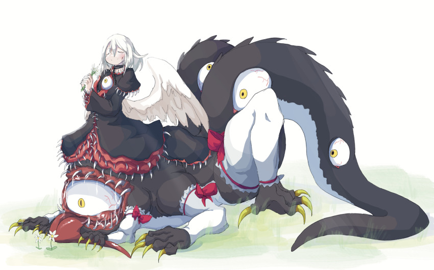 1girl 4138 black_dress bloodshot_eyes bow centauroid claws closed_eyes closed_mouth commentary_request daisy_(flower) dress extra_eyes eyes_on_body feathered_wings flower grass holding holding_flower lying monster_girl multiple_legs multiple_tails on_grass on_stomach original red_bow saliva sharp_teeth smile tail taur teeth thighhighs tongue tongue_out two_tails white_background white_flower white_thighhighs white_wings wings