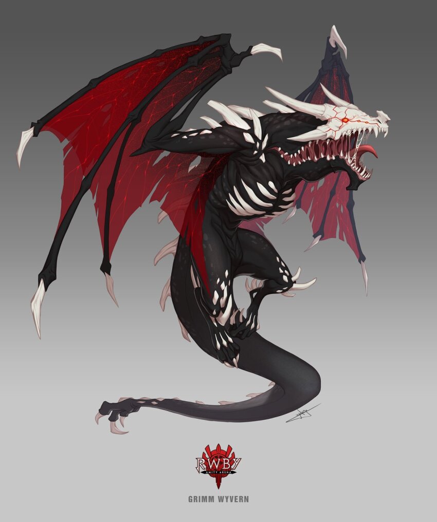 black_skin character_name claws colored_skin commentary copyright_logo copyright_name dragon dragon_wings english_commentary full_body grey_background grimm_(rwby) grimm_wyvern highres horns monster no_humans official_art open_mouth red_eyes rwby saliva sharp_teeth signature simple_background solo teeth tongue uyalago wings