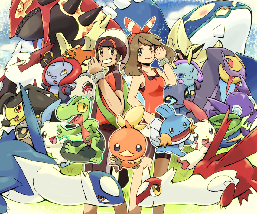 1boy 1girl breasts brendan_(pokemon) brown_hair creature duskull frown gen_3_pokemon grey_eyes grin groudon illumise kyogre latias latios legendary_pokemon looking_at_viewer lotad lunatone mawile may_(pokemon) minun mizuto_(o96ap) mudkip nintendo one_eye_closed plusle pokemon pokemon_(creature) pokemon_oras primal_groudon primal_kyogre sableye seedot seviper shuppet small_breasts smile solrock starter_pokemon_trio torchic treecko volbeat white_headwear yellow_eyes zangoose