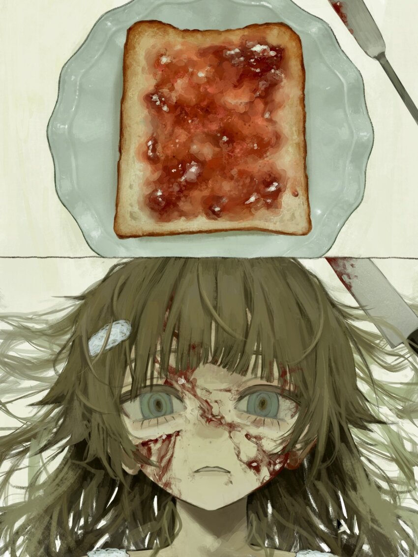 1girl bleeding blood blood_on_face bloody_knife blue_eyes bread bread_slice brown_hair butter_knife commentary contrast cuts empty_eyes english_commentary eyebrows_hidden_by_hair eyelashes food frown hair_ornament hair_spread_out hairclip highres injury isa_(31q_13) jam kitchen_knife knife long_hair looking_at_viewer messy_hair original parted_lips plate portrait ringed_eyes solo straight-on toast white_background