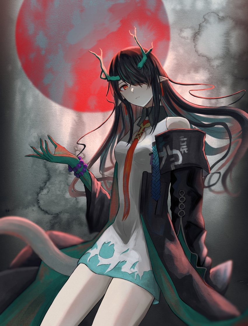 1girl absurdres arknights bare_shoulders beads black_coat black_hair closed_mouth coat collared_dress colored_extremities commentary cowboy_shot dragon_girl dragon_horns dragon_tail dress dusk_(arknights) expressionless floating_hair green_hair hair_over_one_eye hand_up highres horns kuro_beyan looking_at_viewer multicolored_hair necktie off_shoulder one_eye_covered orange_eyes orange_necktie red_sun short_dress sleeveless sleeveless_dress solo standing streaked_hair tail white_dress