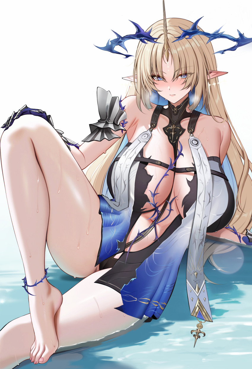 1girl absurdres armpit_crease ateoyh bare_shoulders barefoot black_dress blonde_hair blue_eyes blue_hair breast_curtains breasts closed_mouth commentary crown_of_thorns dress feet fleurdelys_(wuthering_waves) hand_on_own_knee highres horns huge_breasts long_hair looking_at_viewer parted_bangs pointy_ears shallow_water short_dress simple_background single_horn sitting sketch solo tacet_mark_(wuthering_waves) thighs toes very_long_hair water wet white_background wuthering_waves yellow_horns