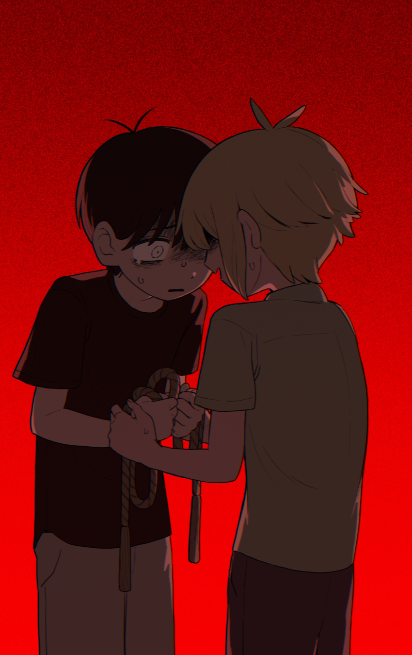2boys basil_(faraway)_(omori) basil_(omori) black_hair black_shirt blonde_hair green_shirt grey_shorts highres holding holding_rope male_focus miranosub multiple_boys nervous_sweating omori parted_lips partially_shaded_face red_background rope shirt short_hair short_sleeves shorts spoilers sunny_(omori) sweat t-shirt