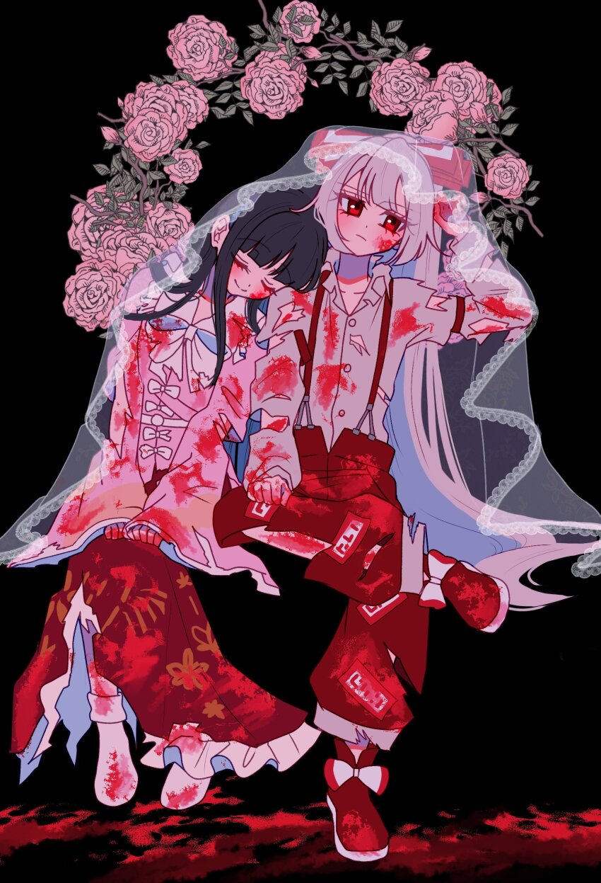 2girls absurdres black_background black_hair blood blood_on_clothes blood_on_face blood_on_hands blush boots bow bowtie closed_eyes closed_mouth commentary_request crossed_legs flower flower_request fujiwara_no_mokou grey_hair grey_shirt hair_bow highres houraisan_kaguya leaning_on_person long_hair long_skirt long_sleeves multiple_girls ofuda ofuda_on_clothes pants pink_flower pink_shirt red_boots red_eyes red_pants see-through_clothes see-through_veil shared_veil shirt simple_background skirt smile suspenders ta_mi_01000 torn_clothes torn_pants torn_shirt torn_skirt touhou veil very_long_hair white_bow white_bowtie wide_sleeves yuri