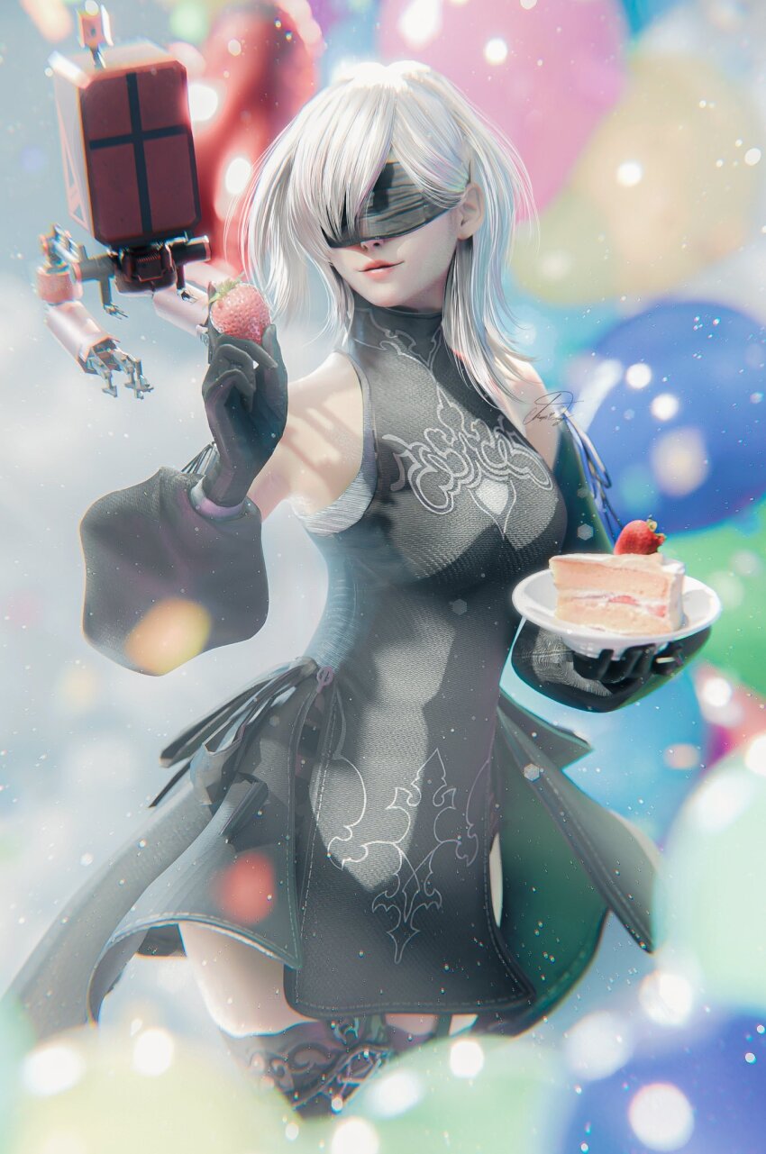 10h_(nier_reincarnation) 1girl balloon bare_shoulders black_gloves cake cake_slice devy_(hapidevy) food fruit gloves highres mama_(nier) nier_(series) nier_reincarnation pod_(nier:automata) realistic strawberry white_hair