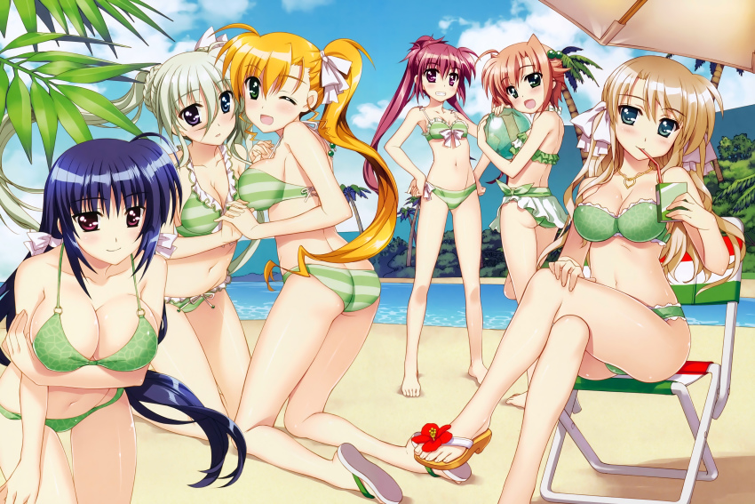 10s 6+girls :d absurdres ass ball bandeau barefoot beach beach_umbrella beachball bikini blonde_hair blue_eyes blue_hair blush breasts brown_hair cleavage day drinking_straw drinking_straw_in_mouth einhard_stratos feet flip-flops frilled_bikini frills fujima_takuya green_bikini green_eyes grey_hair grin hands_on_own_hips harry_tribeca highres holding_hands juice_box kneeling large_breasts leaning_forward looking_at_viewer lyrical_nanoha mahou_shoujo_lyrical_nanoha_vivid mikaya_chevelle miura_rinaldi multiple_girls navel o-ring o-ring_top official_art one_eye_closed open_mouth ponytail purple_eyes red_hair sandals shiny_skin side_ponytail sitting smile striped_bikini striped_clothes swimsuit thigh_gap toes twintails umbrella viktoria_dahlgrun vivio