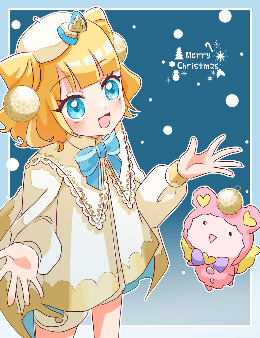 1girl absurdres beret blonde_hair blue_background blue_bow blue_bowtie blue_eyes blunt_bangs bow bowtie christmas_ornaments hat highres kuma_(pripara) long_sleeves madori_(1ldkplanet) merry_christmas minami_mirei outside_border pretty_series pripara puffy_sleeves shorts solo stuffed_animal stuffed_toy teddy_bear
