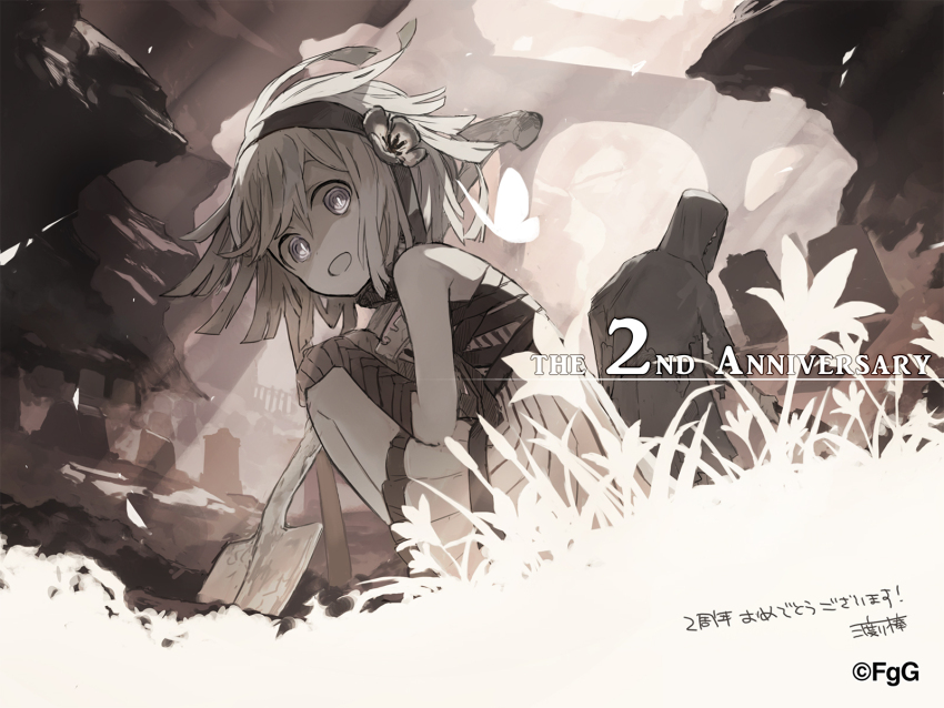 1girl 1other :d anniversary copyright_notice dress flower_hairband graveyard grey_scales happy_anniversary highres looking_at_viewer medium_hair monochrome official_art open_mouth outdoors second-party_source shovel shoveling signature smile solo_focus squatting ta_ga_tame_no_alchemist tombstone watarubou zofia_(ta_ga_tame_no_alchemist)