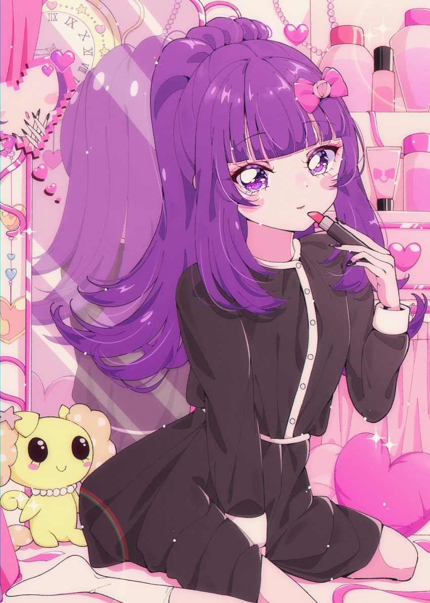 1990s_(style) 1girl absurdres applying_lipstick applying_makeup black_dress black_nails blush_stickers bottle bow clock closed_mouth cosmetics dress eyelashes fingernails full_body hair_bow hanazono_shuka heart heart-shaped_pillow high_ponytail highres holding holding_lipstick_tube idol_time_pripara indoors lipstick lipstick_tube long_fingernails long_hair long_sleeves looking_at_viewer makeup milon_cas mirror nail_polish perfume_bottle pillow pink_bow pixel_heart ponytail pretty_series pripara purple_eyes purple_hair reflection retro_artstyle sitting smile solo stuffed_toy wall_clock wariza