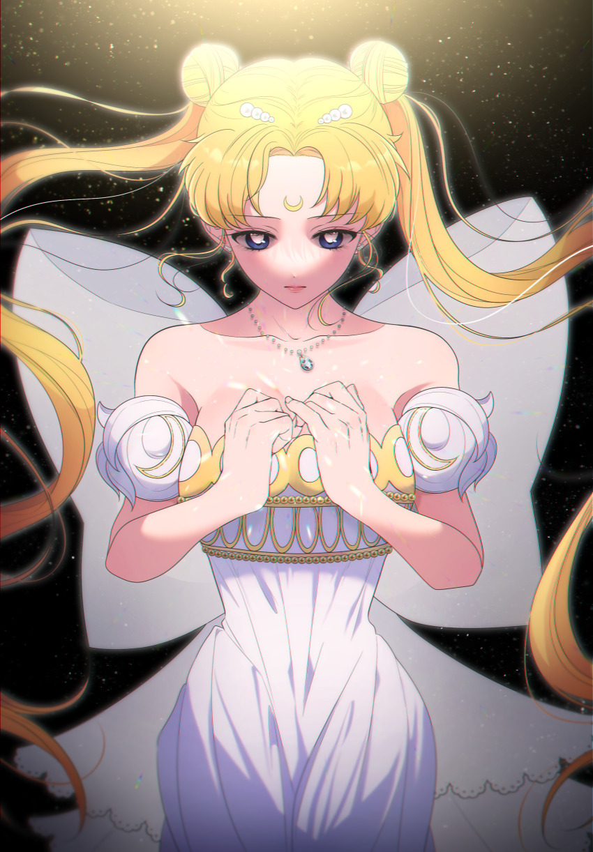 1girl absurdres bare_shoulders bishoujo_senshi_sailor_moon blonde_hair breasts collarbone crescent crescent_facial_mark double_bun dress earrings facial_mark forehead_mark gem hair_bun hair_ornament highres jewelry jinhongnabi lips long_hair maboroshi_no_ginzuishou medium_breasts necklace princess_serenity strapless strapless_dress tsukino_usagi twintails very_long_hair