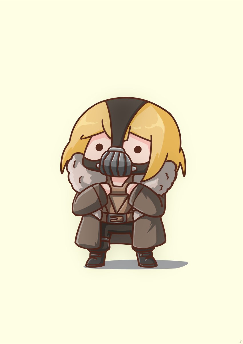 ._. absurdres bane bane_(cosplay) batman_(series) belt belt_buckle black_footwear black_pants blonde_hair boots brown_coat buckle chibi coat commentary cosplay dc_comics fur-trimmed_coat fur_trim hands_on_own_chest highres hololive hololive_english long_sleeves mask mouth_mask pants phdpigeon smol_ame straight-on the_dark_knight_rises virtual_youtuber watson_amelia
