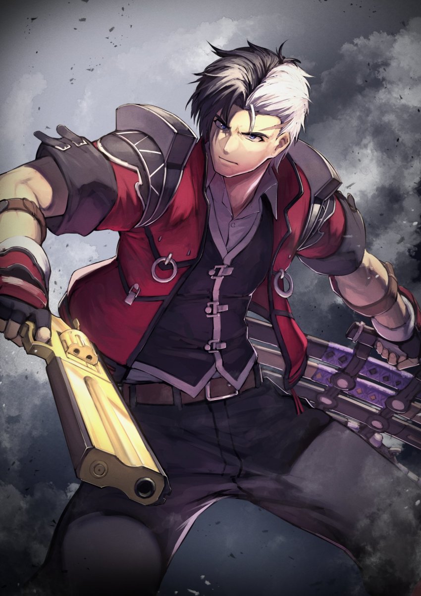 1boy arisu_reiji belt black_gloves black_hair blue_eyes closed_mouth dual_wielding fingerless_gloves fingernails gloves gun handgun highres holding holding_gun holding_weapon itaco katana male_focus multicolored_hair o-ring project_x_zone revolver scabbard scar sheath sheathed sleeves_rolled_up smoke solo sword weapon white_hair