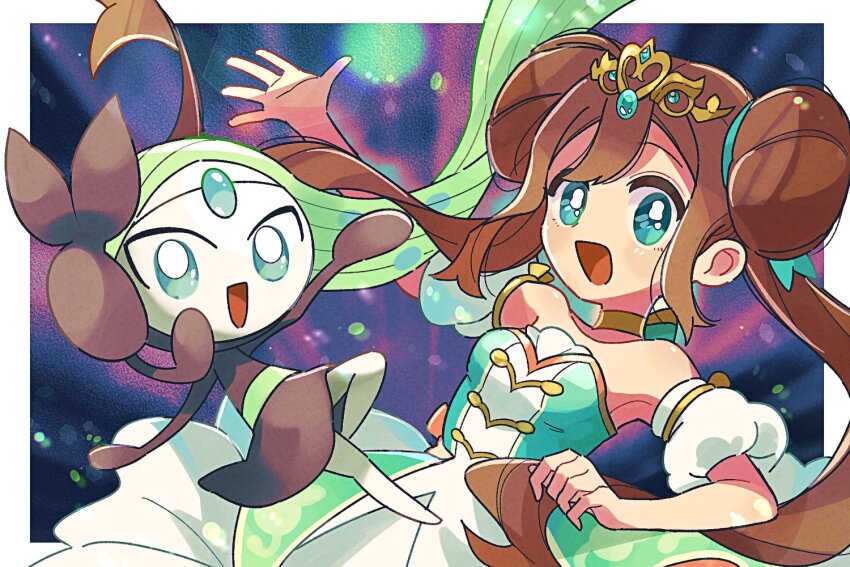 1girl :d bare_shoulders brown_hair double_bun dress green_dress green_eyes hair_bun long_hair looking_at_viewer looking_back nintendo no_feet official_alternate_costume open_mouth pokemon pokemon_(creature) pokemon_masters_ex rosa_(champion)_(pokemon) rosa_(pokemon) smile tiara twintails upper_body yunme