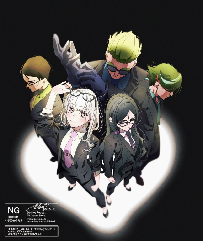 2girls 3boys aoi_tete artist_name black_background black_hair black_shoes black_suit blonde_hair blunt_bangs bob_cut brown_hair business business_suit earrings formal_clothes full_body glasses gradient_hair green_hair hair_ribbon hair_tie high_heels highres jewelry kimi_to_idol_precure long_hair long_sleeves meroron_(civilian)_(precure) meroron_(precure) multicolored_hair multiple_boys multiple_girls necktie pants parted_bangs precure profile purirun_(civilian)_(precure) purirun_(precure) ribbon shoes short_hair smile spotlight stage stage_lights standing suit sunglasses swept_bangs tanaka_(precure) tight_clothes twitter_username very_short_hair watermark zakkuri_(precure)