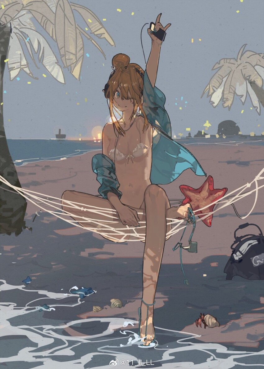 11_ll_ll 1girl artist_request beach bikini blonde_hair blue_eyes blue_jacket blue_shoes chinese_commentary closed_mouth commentary_request conch frilled_bikini frills full_body girls&#039;_frontline girls&#039;_frontline_2:_exilium hair_bun hammock headphones hermit_crab highres jacket looking_at_viewer music_player ocean official_alternate_costume official_alternate_hairstyle on_hammock one_eye_closed open_clothes open_jacket palm_tree sand shoes sidelocks single_hair_bun sitting smile solo starfish suomi_(girls&#039;_frontline) suomi_(girls&#039;_frontline_2) suomi_(midsummer_pixie)_(girls&#039;_frontline) swimsuit tree water watermark weibo_watermark white_bikini