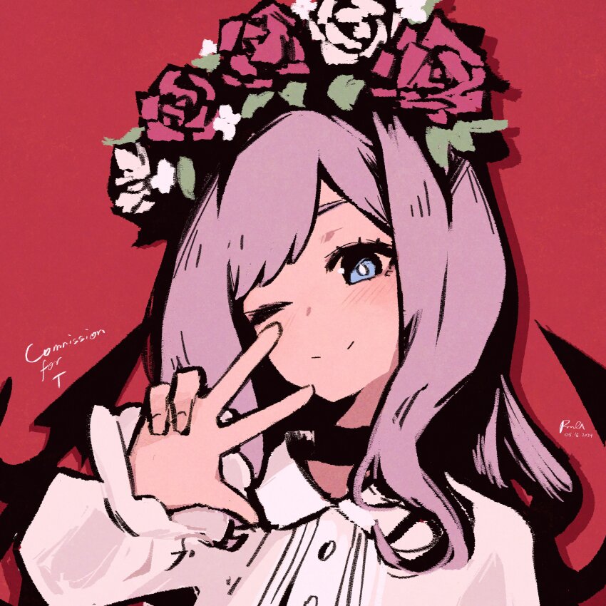 1girl absurdres atarashi_coco blue_eyes bright_pupils collared_shirt commentary commission commissioner_name dated english_commentary grey_hair hand_up head_wreath highres long_hair long_sleeves one_eye_closed portrait red_background rnna shin_subarashiki_kono_sekai shirt signature simple_background solo subarashiki_kono_sekai white_shirt