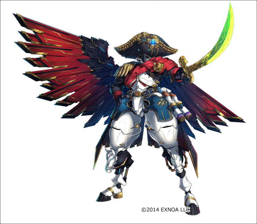 2014 commentary hat holding holding_sword holding_weapon k-suwabe metal_wings military_uniform napoleon_bonaparte_(oshiro_project:re) no_humans official_art oshiro_project:re robot saber_(weapon) simple_background solo sword weapon white_background