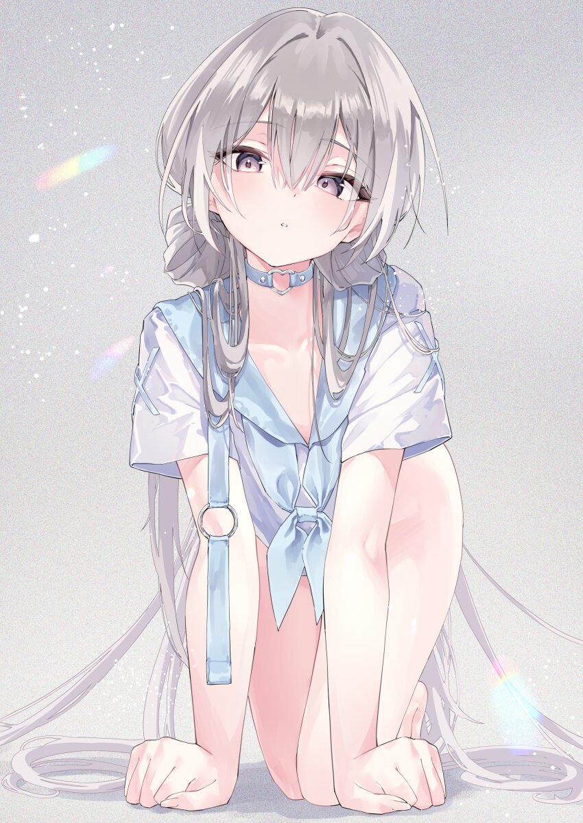 1girl absurdres blue_choker blue_sailor_collar choker crawling grey_hair hair_between_eyes heart heart_choker highres inubouzaki_(i_nu1515) long_hair looking_at_viewer original parted_lips purple_eyes sailor_collar shirt short_sleeves simple_background solo very_long_hair white_shirt