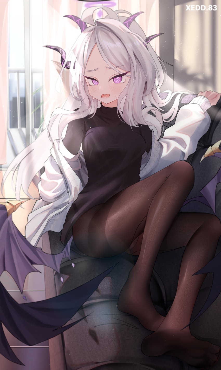 1girl @_@ absurdres ahoge alternate_costume artist_name backlighting black_halo black_horns black_shirt blue_archive blush breasts brown_pantyhose cardigan casual commentary couch day demon_girl demon_horns demon_wings embarrassed feet fine_fabric_emphasis forehead full_body furrowed_brow halo hand_up highres hina_(blue_archive) horns indoors knees_up legs long_hair low_wings medium_breasts multiple_horns no_shoes on_couch open_cardigan open_clothes open_mouth panties panties_under_pantyhose pantyhose parted_bangs purple_eyes shirt single_hair_intake sitting sleeves_past_wrists soles solo sunlight sweatdrop thighband_pantyhose thighs toes turtleneck underwear very_long_hair wavy_mouth white_cardigan white_hair window wings xed