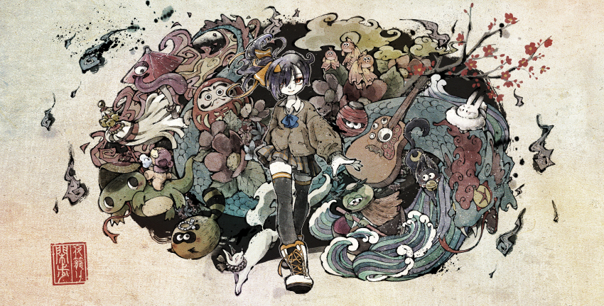 1girl absurdres bakeneko black_thighhighs brown_sweater closed_mouth commentary_request demon_parade dragon fine_art_parody flower fox full_body grey_background guitar highres hitodama imomushi_(pixiv_9001433) ink_wash_painting instrument kappa karakasa_obake lantern nagase_yuka nihonga parody pleated_skirt plum_blossoms rabbit riot_music signature skirt smile stuffed_animal stuffed_toy sweater tanuki teddy_bear thighhighs tsukumogami umbrella white_footwear