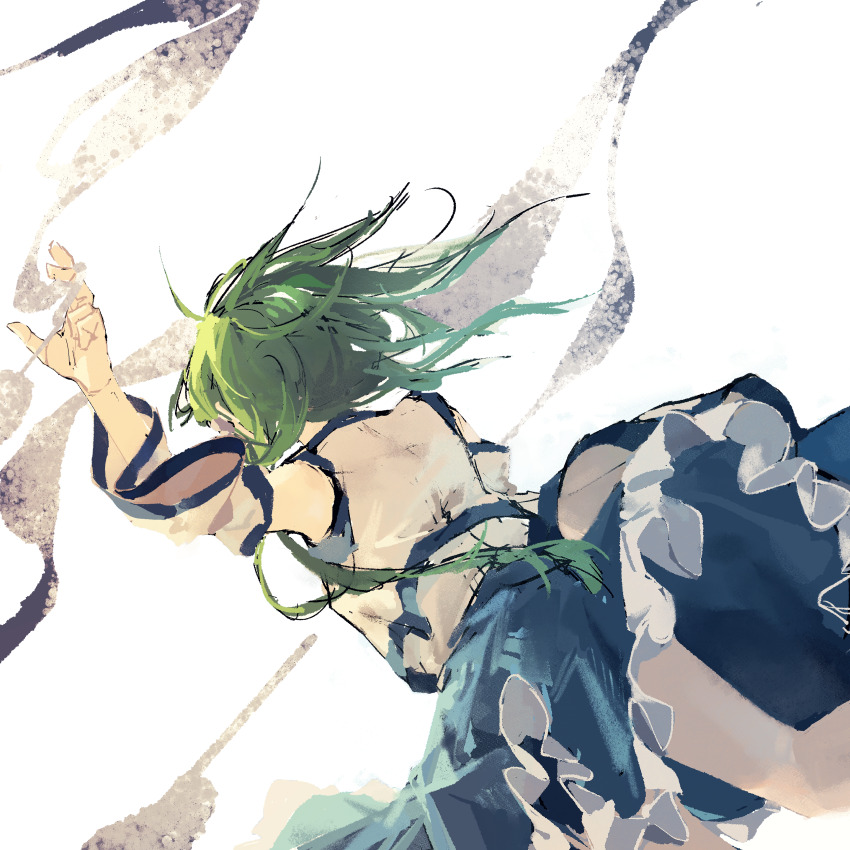 1girl absurdres arm_up blue_skirt blue_trim chinese_commentary commentary_request detached_sleeves frilled_skirt frills from_behind green_hair highres iwapd3 kochiya_sanae long_hair shirt skirt sleeveless sleeveless_shirt solo touhou white_shirt white_sleeves