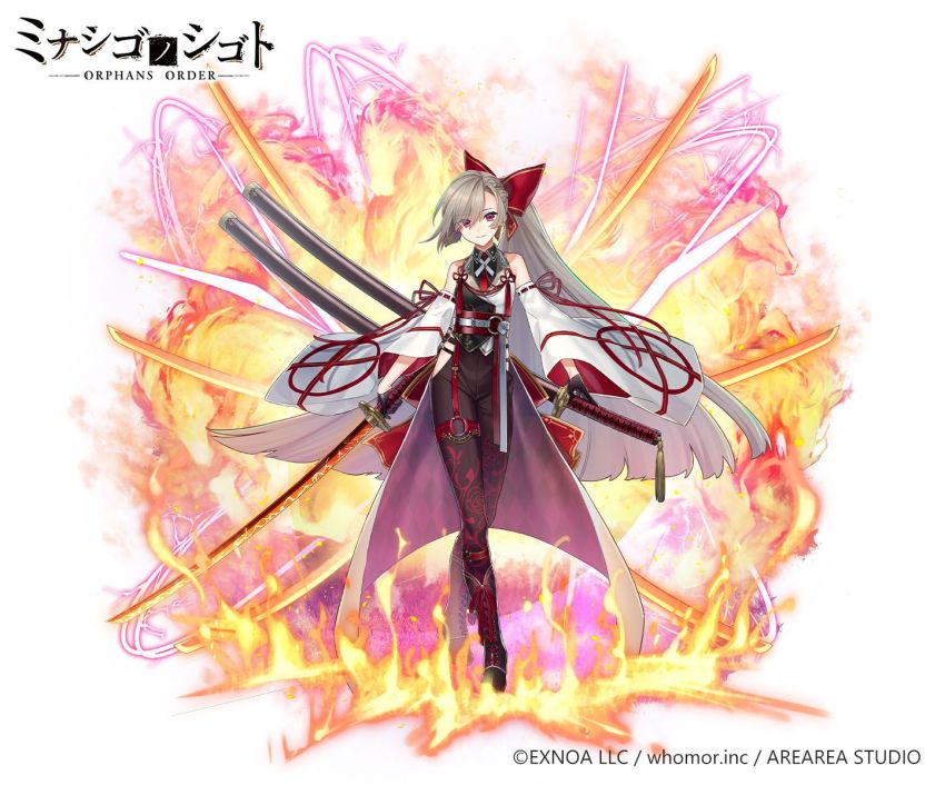 1girl black_bodysuit black_boots black_gloves bodysuit boots bow braid closed_mouth copyright_notice crossed_legs detached_sleeves eyes_visible_through_hair full_body gloves grey_hair hair_bow hair_over_one_eye highres holding holding_sword holding_weapon katana lace-up_boots long_hair long_sleeves obi official_art orphans_order red_bow red_eyes ribbon-trimmed_sleeves ribbon_trim ryuuki_(hydrangea) sash sheath sheathed simple_background smile solo standing sword unsheathed very_long_hair watermark watson_cross weapon white_background white_sleeves wide_sleeves