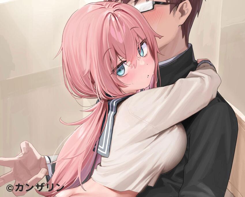 1boy 1girl ass blue_eyes blush breasts brown_hair butt_crack cropped gakuran glasses guest_art hetero hug kanzarin large_breasts long_hair looking_at_viewer michinoku_komaro mizunoe_ume official_art pink_hair ponytail school_uniform seitokai_ni_mo_ana_wa_aru! serafuku sweat