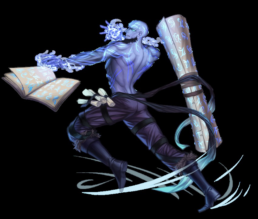 1boy back bald beard black_hair blue_eyes blue_skin book boots colored_skin facial_hair full_body highres indseind league_of_legends male_focus ryze solo tattoo topless_male transparent_background