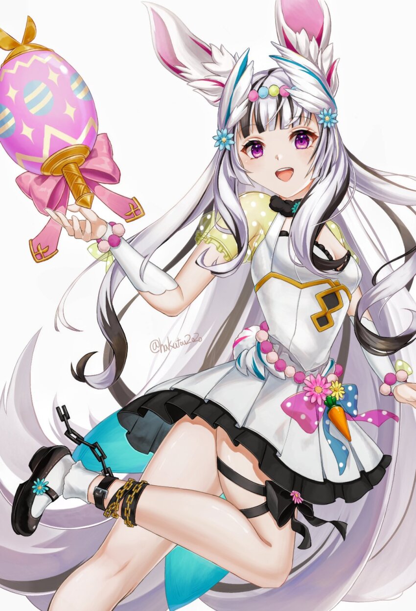 1girl animal_ears bare_legs black_hair breasts broken broken_chain chain chained_legs cleavage dress easter_egg egg fake_animal_ears fire_emblem fire_emblem_engage fire_emblem_heroes grey_hair hair_ornament hakutou2020 highres holding holding_egg long_hair multicolored_hair nintendo official_alternate_costume pleated_dress purple_eyes rabbit_ears small_breasts solo two-tone_hair very_long_hair veyle_(fire_emblem) veyle_(spring)_(fire_emblem) wavy_hair white_dress wing_hair_ornament