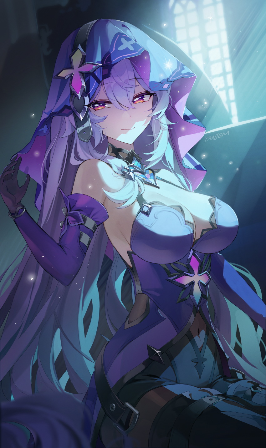 1girl absurdres bare_shoulders black_collar black_gloves black_shorts black_swan_(honkai:_star_rail) breasts closed_mouth collar commentary covered_navel detached_sleeves dress gloves hair_between_eyes hand_up highres honkai:_star_rail honkai_(series) indoors large_breasts long_hair looking_at_viewer purple_dress purple_hair purple_sleeves purple_veil red_eyes shorts sitting smile solo veil very_long_hair yanjem