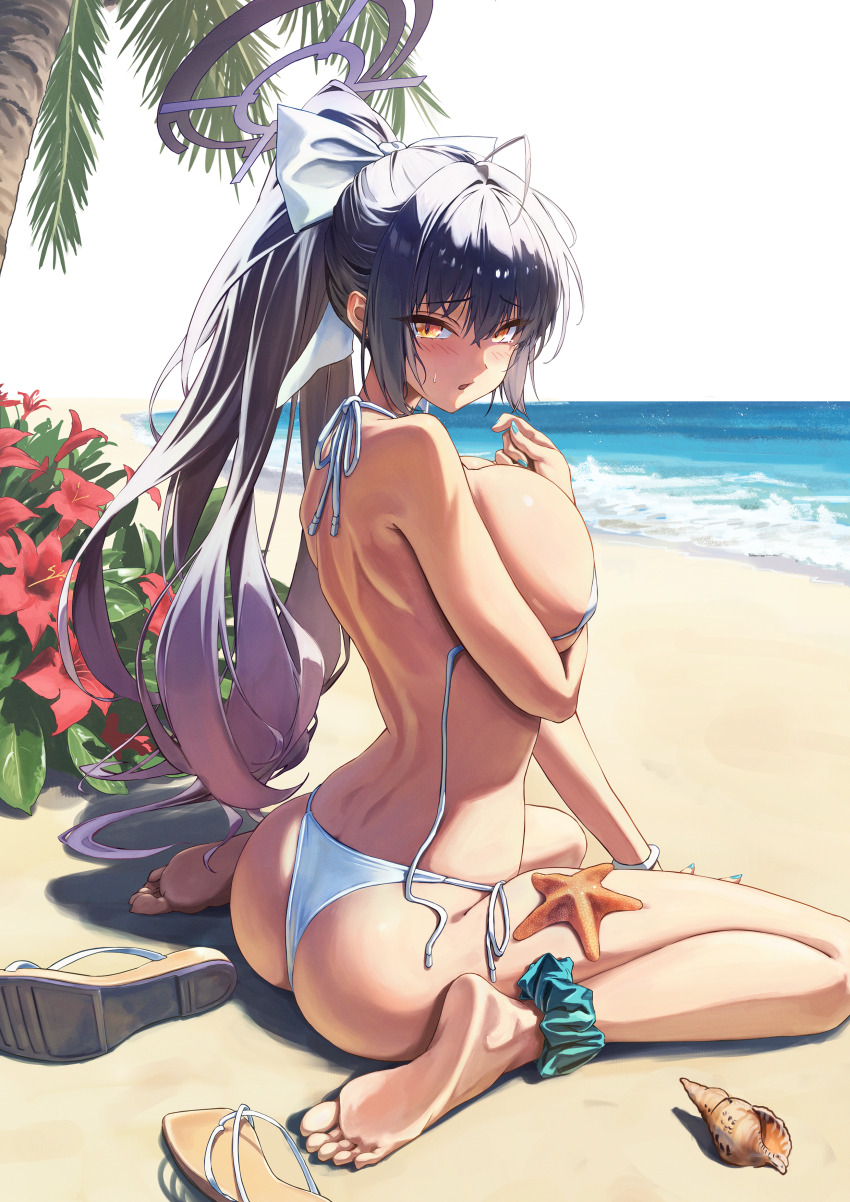 1girl absurdres alternate_costume ankle_scrunchie ass bare_back barefoot beach bikini blue_archive blush bocchi_(kuropom7) breasts commentary_request dark-skinned_female dark_skin day highres horizon karin_(blue_archive) large_breasts long_hair looking_at_viewer ocean on_ground open_mouth palm_leaf palm_tree ponytail sandals scrunchie solo swimsuit toes tree untied_bikini_top unworn_sandals very_long_hair white_bikini