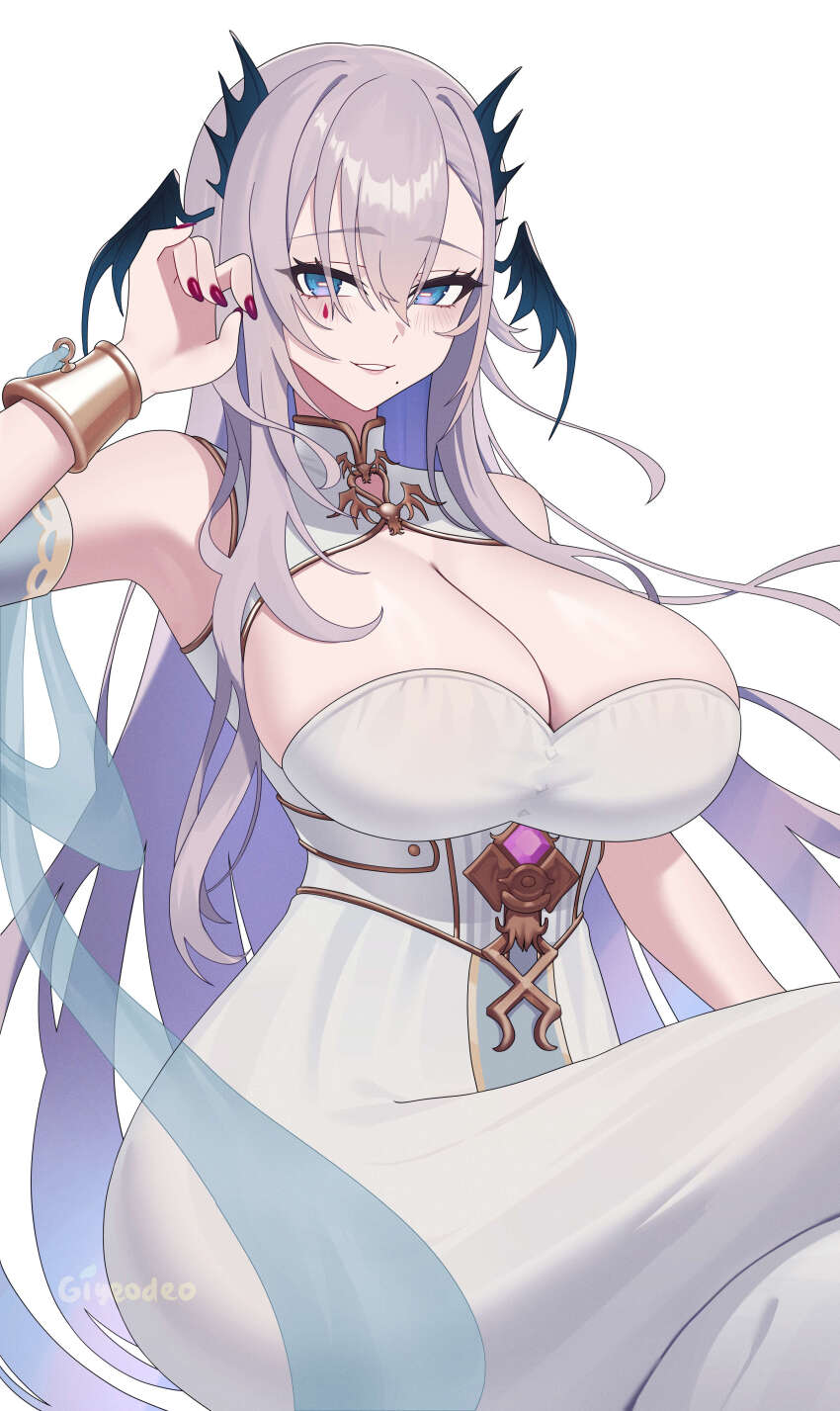 1girl absurdres blue_eyes bracer breasts cleavage commentary crossed_legs dress english_commentary giyeodeo grey_hair hair_between_eyes head_wings highres indie_virtual_youtuber large_breasts long_hair mole mole_under_mouth paid_reward_available parted_lips pochimaru_(vtuber) pochimaru_(vtuber)_(4th_costume) red_nails simple_background smile solo very_long_hair virtual_youtuber white_background white_dress wings