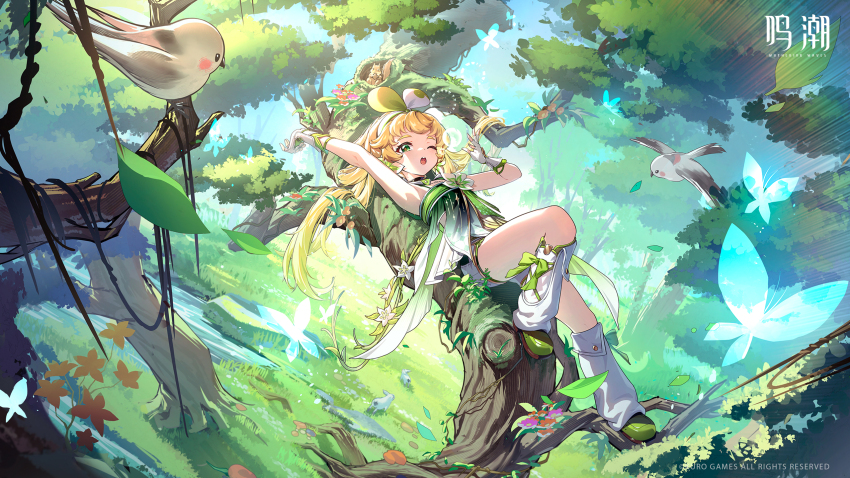 1girl arm_up armpits bare_arms bird blonde_hair blue_butterfly bug butterfly day dress fingerless_gloves forest full_body gloves grass green_dress green_shoes headband highres insect long_hair lying_on_branch mushroom nature official_art on_branch on_tree one_eye_closed open_mouth outdoors rainbow shoes short_shorts shorts sleeveless solo sunlight tree verina_(wuthering_waves) waking_up white_gloves white_shorts wuthering_waves yawning