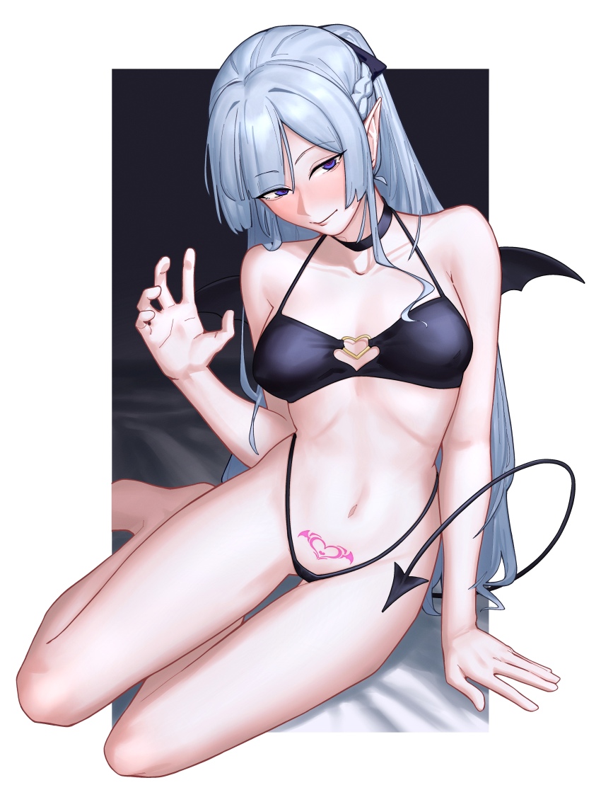 1girl absurdres ak-12_(girls&#039;_frontline) alternate_costume arm_support black_bra black_choker black_panties black_ribbon blush border bra braid breasts breasts_apart choker closed_mouth collarbone commentary demon_girl demon_tail demon_wings emile_aoi english_commentary full_body girls&#039;_frontline grey_hair hair_ribbon half_up_braid hand_up highres long_hair looking_at_viewer medium_breasts navel non-pubic_inmon outside_border panties pointy_ears ponytail pubic_tattoo purple_eyes red_pupils ribbon sitting smile solo stomach stomach_tattoo tail tattoo underwear white_border wings yokozuwari