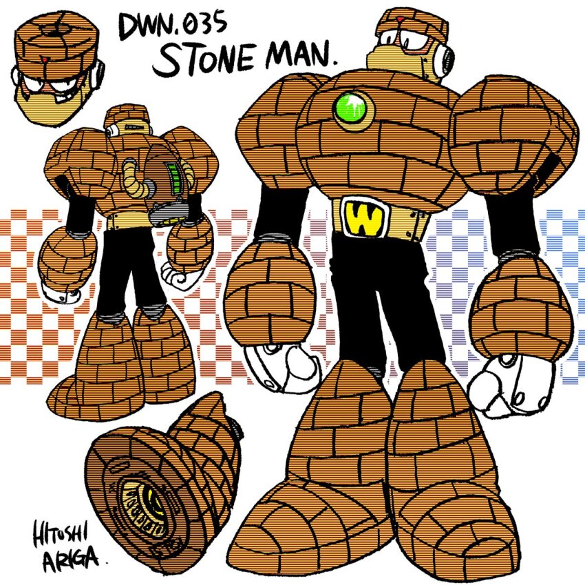 1boy android ariga_hitoshi armor artist_name black_bodysuit black_eyes blue_background bodysuit boots brick character_name reference_sheet checkered_background chest_jewel commentary_request concept_art from_behind full_body gem gloves gradient_background green_gemstone highres industrial_pipe joints knee_boots looking_ahead looking_at_viewer male_focus mega_man_(classic) mega_man_(series) mega_man_5 mega_man_megamix multiple_views no_humans no_mouth orange_background robot robot_ears robot_joints scanlines shoe_soles simple_background standing stone_man tank_(container) turnaround white_background white_gloves