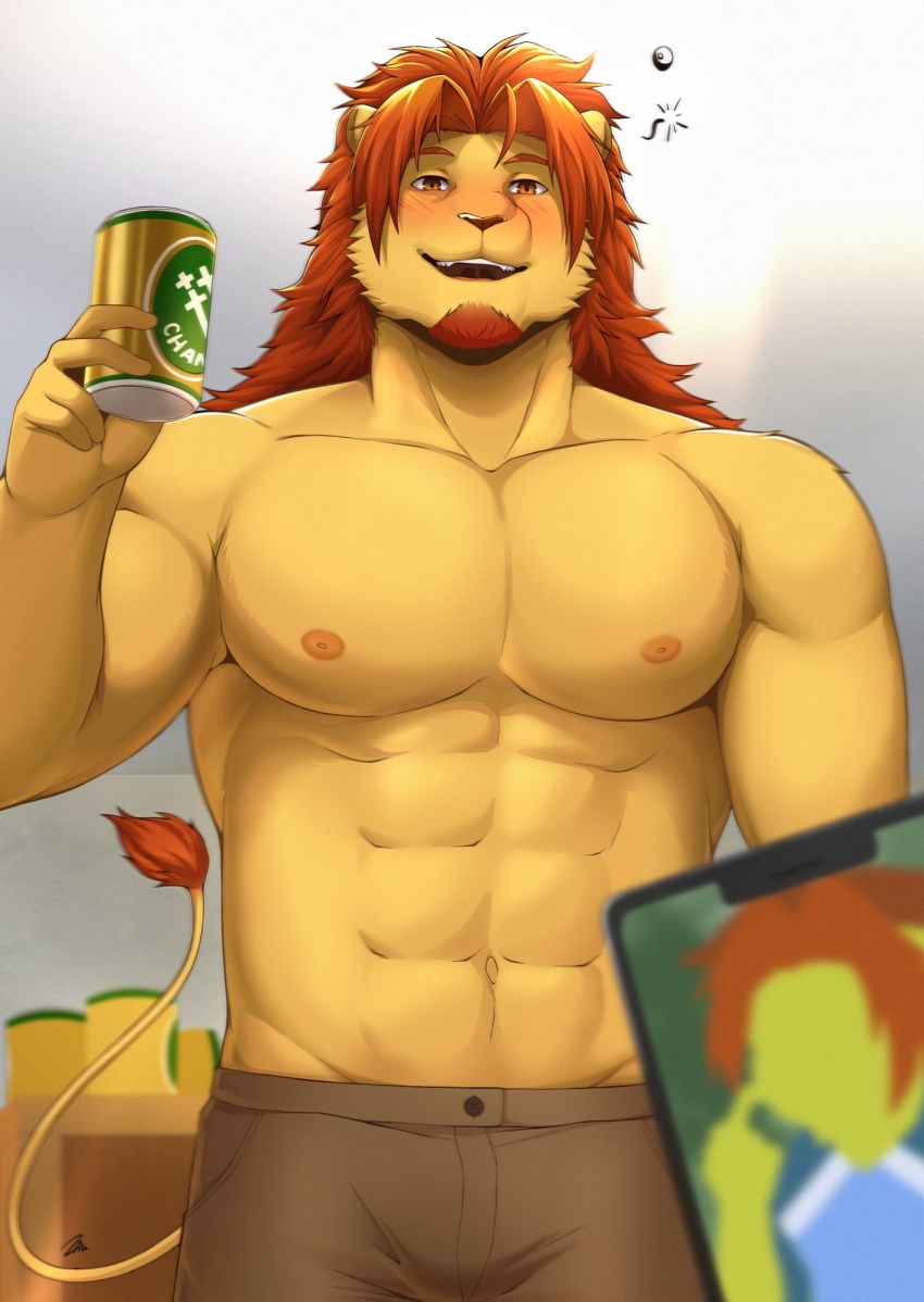 1boy abs aged_up alcohol animal_ears bara blush brown_pants can cellphone commentary drink_can drunk english_commentary facial_hair furry furry_male goatee highres holding holding_can lion_boy lion_ears lion_mane lion_tail male_focus morenatsu muscular muscular_male navel nipples open_mouth pants pectorals phone signature smartphone smile soutarou_touno tail topless_male zammonv