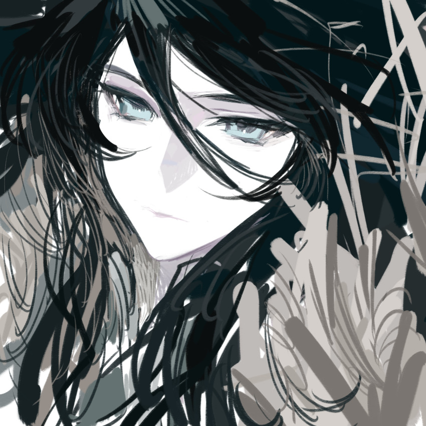 1boy black_hair blue_eyes expressionless hades_(saint_seiya) highres long_hair looking_at_viewer male_focus pale_skin portrait saint_seiya sketch snowflake_(diodarja) solo