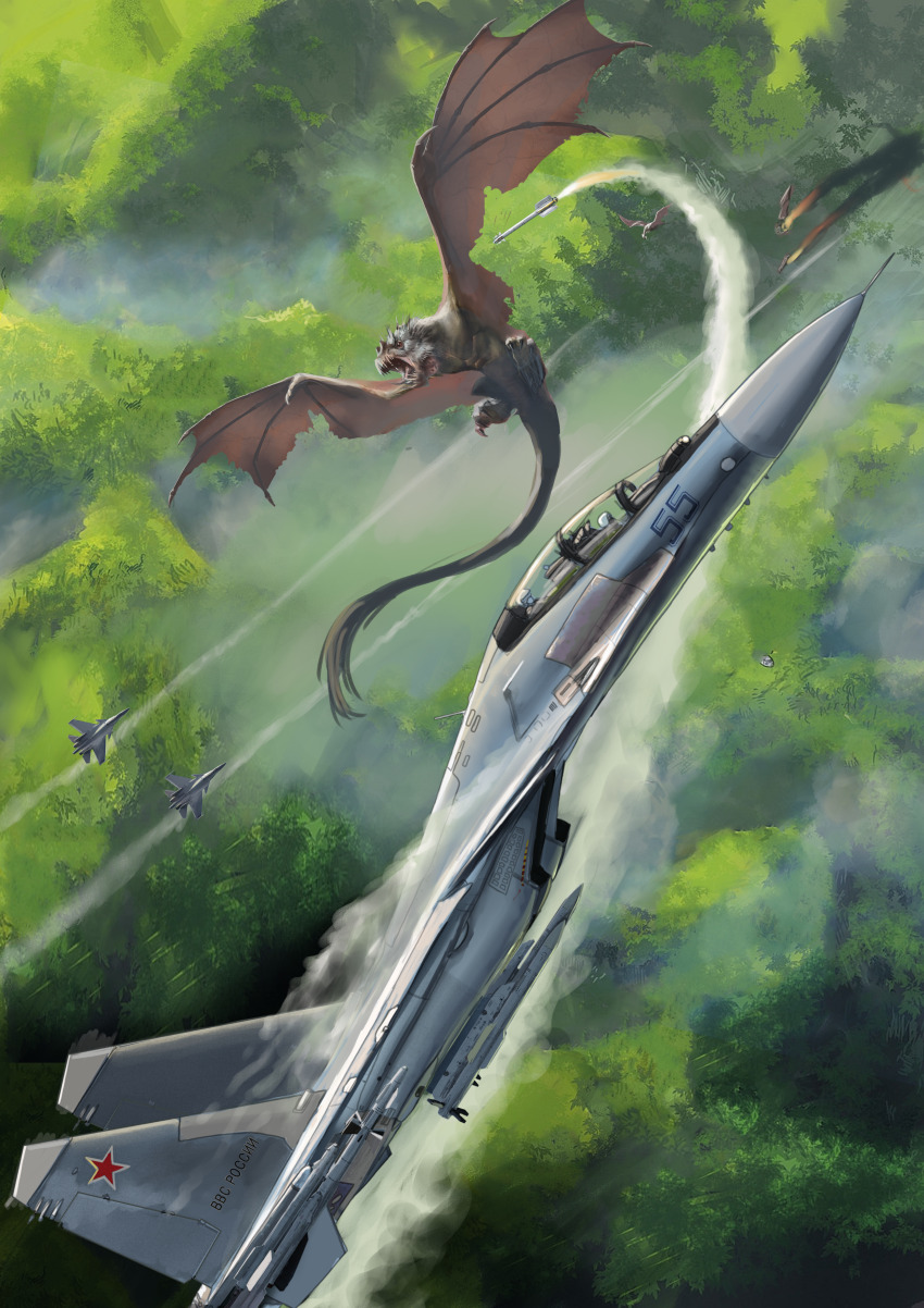 2others absurdres aerial_battle aircraft airplane ambiguous_gender battle canopy_(aircraft) check_commentary commentary commentary_request dragon fantasy fighter_jet flying highres insignia jungle military military_vehicle missile multiple_others nature original smoke su-30 vehicle_focus yukikaze_supersylph