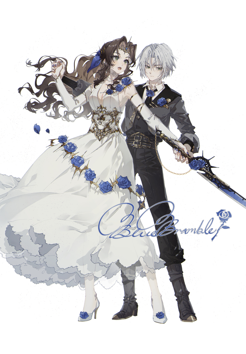 1boy 1girl aerith_gainsborough aerith_gainsborough_(prism_dress) ascot behind_another belt blue_ascot blue_eyes blue_flower blue_rose boots breasts brooch brown_hair cleavage closed_mouth collared_shirt corsage corset detached_sleeves dress dress_flower final_fantasy final_fantasy_vii final_fantasy_vii_ever_crisis floating_hair floral_print flower formal_clothes full_body grey_hair grey_jacket hair_ribbon high_heels highres holding holding_hands holding_sword holding_weapon jacket jewelry kieta long_dress long_hair long_sleeves medium_breasts official_alternate_costume open_mouth parted_bangs plunging_neckline ribbon rose sephiroth sephiroth_(dark_attire) sephiroth_(ever_crisis) shirt short_hair sidelocks simple_background smile standing sword tiara wavy_hair weapon white_background white_dress white_shirt