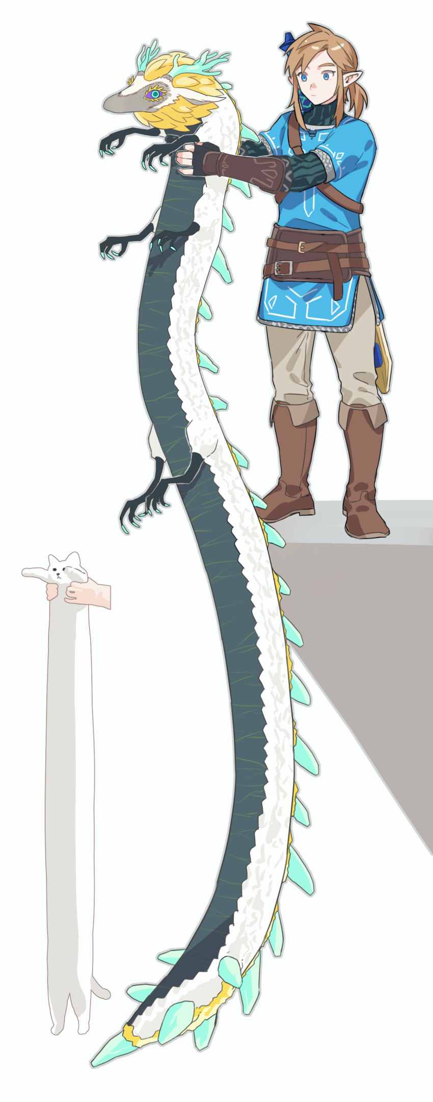 1boy absurdres animal arm_guards armpit_carry boots champion&#039;s_tunic_(zelda) claws commentary_request dragon dragon_horns eastern_dragon highres holding holding_animal horns light_dragon_(zelda) link long_body longcat_(meme) male_focus meme nintendo oshinomiya ponytail reference_inset short_ponytail simple_background spines talons the_legend_of_zelda the_legend_of_zelda:_breath_of_the_wild the_legend_of_zelda:_tears_of_the_kingdom