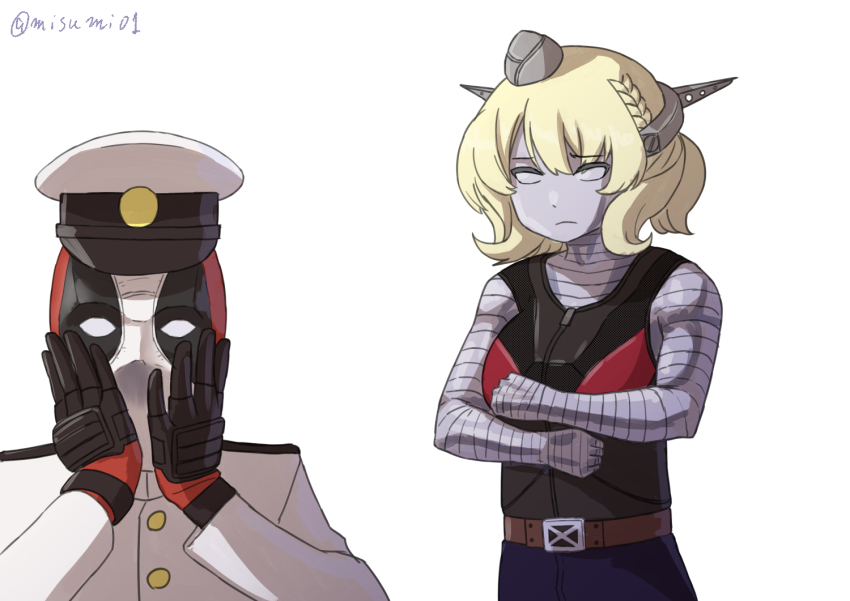 1boy 1girl admiral_(kancolle) blonde_hair braid colorado_(kancolle) colossus_(x-men) commentary_request crossover deadpool deadpool_(movie) deadpool_(series) hat headgear kantai_collection marvel military military_hat military_uniform misumi_(niku-kyu) naval_uniform object_on_head panties panties_on_head panty_mask parody peaked_cap pun short_hair side_braids simple_background twitter_username underwear white_background white_panties x-men x-men_film_series