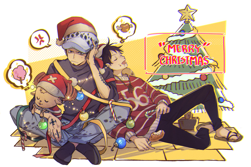 2boys arm_tattoo black_hair black_pants black_shirt christmas_ornaments christmas_tree denim dreaming drooling facial_hair food hand_on_own_head hat head_rest holding holding_food jeans leaning_on_person light_frown male_focus merry_christmas monkey_d._luffy mouth_drool multiple_boys one_piece pants red_sweater reindeer sandals santa_hat shade shirt sleeping sleeping_on_person sleeping_upright sleeves_rolled_up sweater tattoo tony_tony_chopper trafalgar_law yellow_eyes yurichi_(artist)
