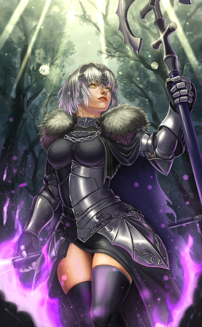 1girl absurdres armor breasts cape chain commentary english_commentary fate/samurai_remnant fate_(series) highres holding jeanne_d&#039;arc_alter_(fate) jeanne_d&#039;arc_alter_(lancer)_(fate) kai_hadaly short_hair solo yellow_eyes