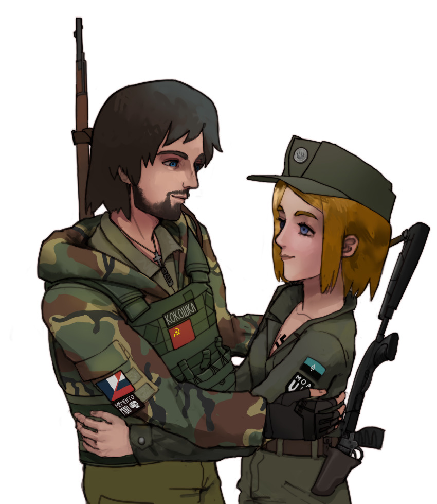1boy 1girl absurdres arm_patch beard beard_stubble belt beret blonde_hair blue_eyes bolt_action breasts brown_belt brown_hair bulletproof_vest buttoned_cuffs buttons camouflage camouflage_jacket claude_elybeux collarbone commission commissioner_upload couple cross cross_necklace cyrillic digital_camouflage elf3 english_text facial_hair french_flag green_pants gun handgun hat highres holstered hug jacket jewelry long_sleeves looking_at_another malorussia malorussian_flag malorussian_liberation_army marichka medium_hair military_combat_uniform military_hat military_jacket military_uniform morale_patch mosin-nagant name_tag necklace non-web_source original pants partially_open_jacket patch revolver rifle russia russian_flag russian_ground_forces russian_text russo-ukrainian_war shotgun shoulder_patch size_difference small_breasts soldier soviet soviet_flag stubble swastika tactical_clothes tattoo transparent_background weapon zipper
