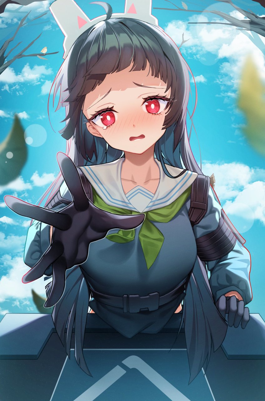 1girl @_@ absurdres ahoge animal_ears arrow_(symbol) bird black_gloves black_hair blue_archive blue_serafuku blue_skirt blue_sky blush branch breasts bright_pupils collarbone fake_animal_ears gloves green_neckerchief highres huu_(dighapdlxm12) leaf long_hair long_sleeves looking_at_viewer medium_breasts miyu_(blue_archive) neckerchief open_mouth rabbit_ears recycling_symbol red_eyes sailor_collar school_uniform serafuku skirt sky solo trash_can twig white_footwear white_pupils white_sailor_collar