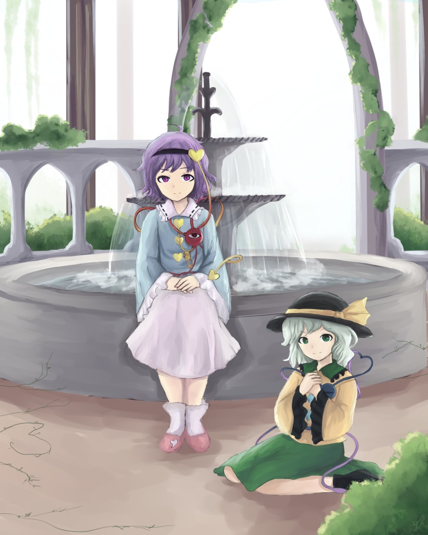 2girls ankle_boots ankle_socks aqua_hair arch blouse boots bush expressionless fountain frilled_sleeves frills green_eyes hairband hands_on_lap hands_on_own_chest hat hat_ribbon heart highres khylimei komeiji_koishi komeiji_satori looking_at_viewer multiple_girls on_ground plant purple_eyes purple_hair ribbon shirt short_hair siblings sisters sitting sketch skirt slippers smile socks third_eye touhou vines wariza