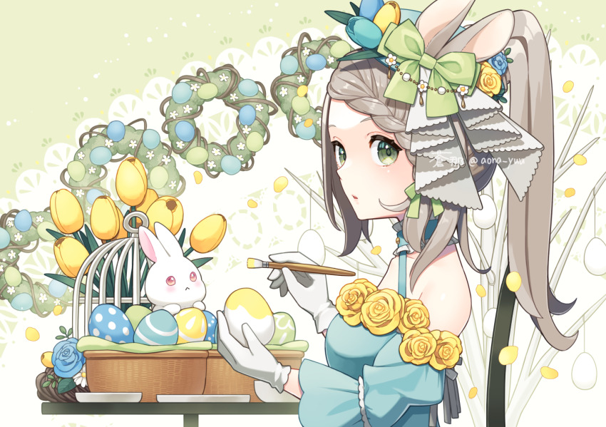 1girl animal_ears animal_hat aona_(noraneko) aqua_dress aqua_flower basket beret birdcage blue_flower blue_hat blue_rose blue_tulip bow braid braided_bangs branch cage collar daisy_(flower) doily dress easter easter_egg egg fake_animal_ears flower flower_trim frilled_collar frills from_side gloves green_background green_bow green_eyes grey_hair halter_dress halterneck hat hat_bow hat_flower holding holding_egg holding_paintbrush long_hair long_sleeves looking_at_viewer looking_to_the_side off-shoulder_dress off_shoulder original paintbrush painting_(action) parted_lips ponytail rabbit rabbit_ears rabbit_hat rose solo tulip upper_body white_flower white_gloves wreath yellow_flower yellow_rose yellow_tulip