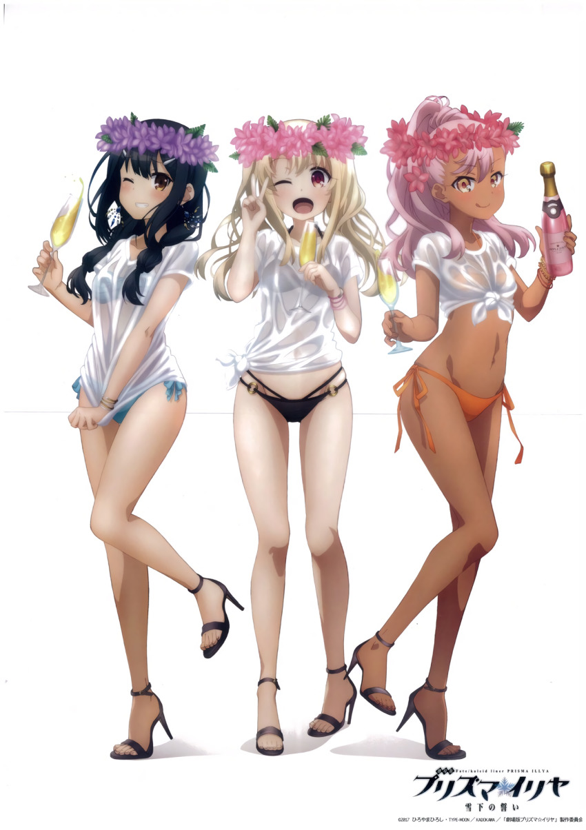 3girls alcohol artist_name bikini black_footwear black_hair blonde_hair bra chloe_von_einzbern color_issue copyright_name covering_crotch covering_privates cup dark-skinned_female dark_skin drinking_glass fate/kaleid_liner_prisma_illya fate_(series) feet female_focus flower full_body high_heel_sandals high_heels highres hiroyama_hiroshi holding illyasviel_von_einzbern looking_at_viewer midriff mixed_eye_color miyu_edelfelt multi-strapped_bikini multicolored_eyes multiple_girls navel official_art one_eye_closed pink_hair sandals scan see-through_clothes shirt shoes side-tie_bikini_bottom smile stomach swimsuit t-shirt thong toeless_footwear underwear v wet wet_clothes wet_shirt white_background