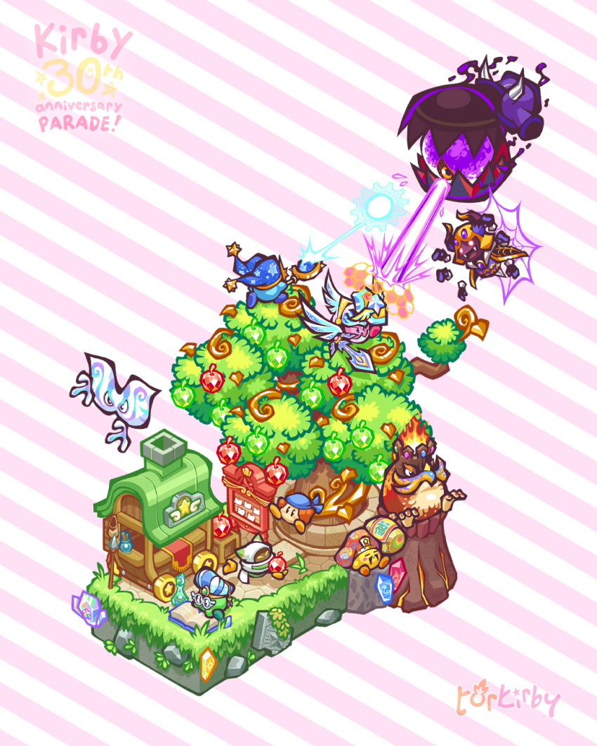 anniversary artist_name bandana bandana_waddle_dee beam_mage blue_bandana blue_hat bulletin_board character_name copyright_name dark_taranza doctor_healmore energy_beam fangs fire floating from_behind gem gem_apple hammer_lord hat highres holding holding_shield holding_sword holding_weapon horns king_d-mind kirby kirby_(series) magolor nintendo one-eyed open_mouth polearm pyribbit rayman_limbs shield sitting smile spear star_(symbol) striped_background sword sword_hero team_kirby_clash_deluxe telepathos torkirby tree two-tone_background v-shaped_eyes weapon