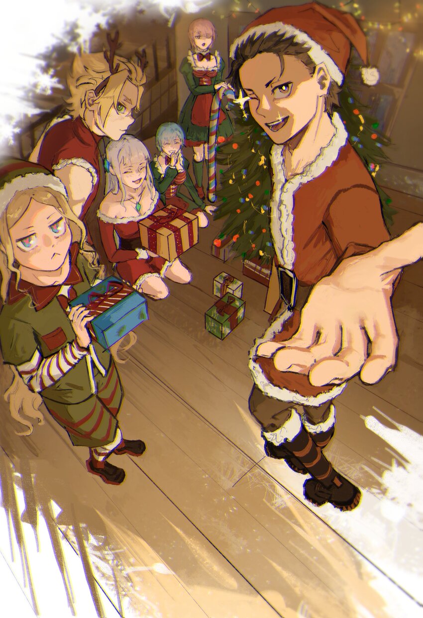 2boys 4girls absurdres beatrice_(re:zero) black_hair blonde_hair blue_eyes blue_hair box brown_eyes bug butterfly butterfly-shaped_pupils christmas christmas_lights christmas_ornaments christmas_tree dress elf emilia_(re:zero) garfiel_tinsel gift gift_box green_eyes hat highres insect multiple_boys multiple_girls natsuki_subaru one_eye_closed pink_hair pointy_ears ram_(re:zero) re:zero_kara_hajimeru_isekai_seikatsu rem_(re:zero) santa_costume santa_hat siblings sisters socks symbol-shaped_pupils togaravity white_hair wink